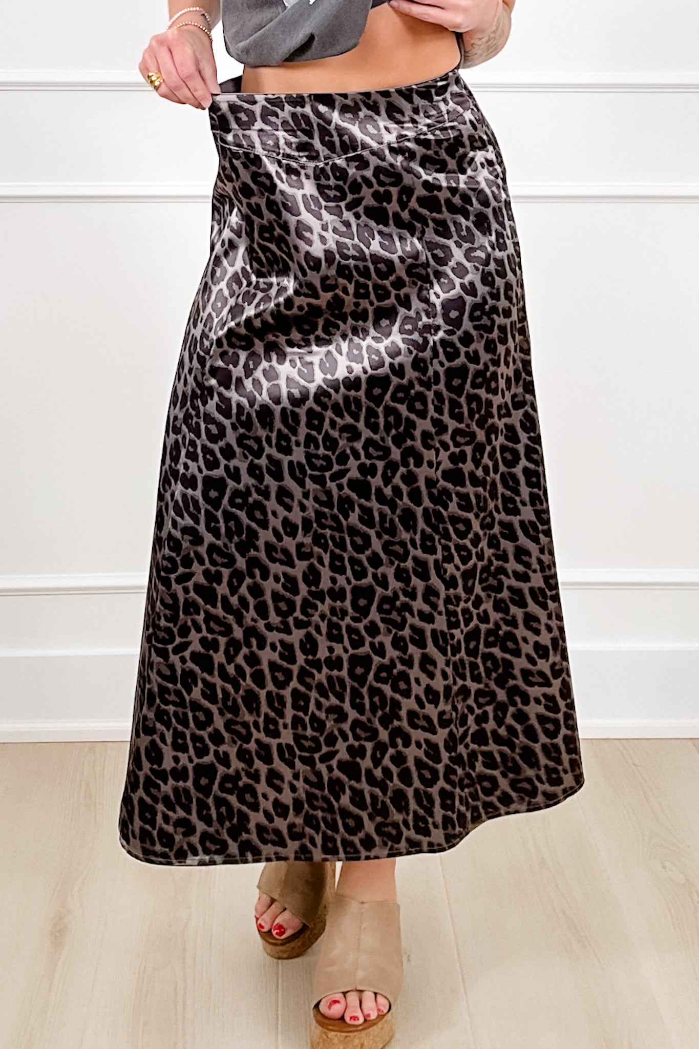 Leopard Print Satin Elastic Waist Midi Skirt