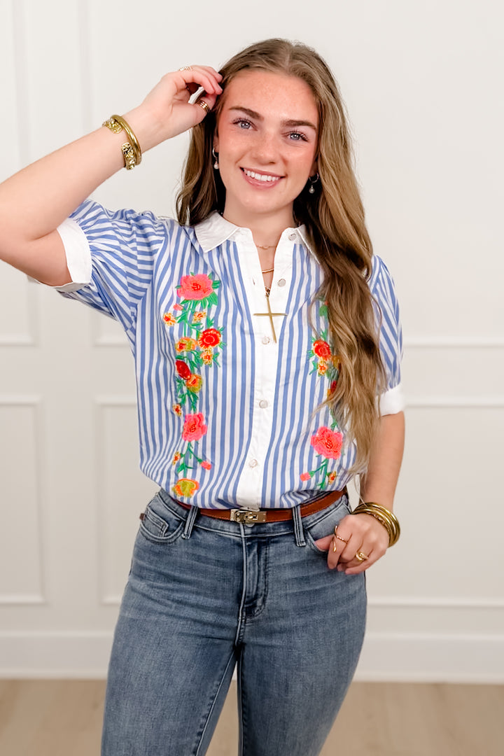 Stripe Floral Short Sleeve Button Down Top