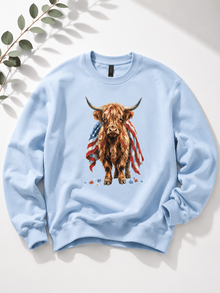 Plus/Reg Long Sleeve "American Highland Cow" Graphic Sweatshirt - Freckled Poppy