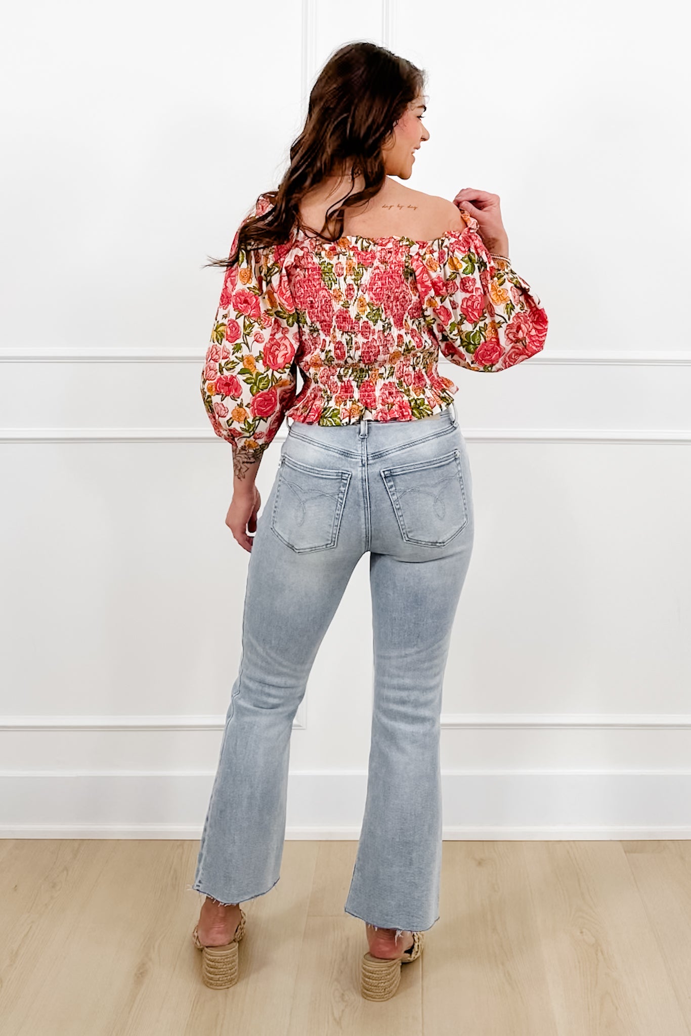 POL Floral Print Off Shoulder Smocked Top