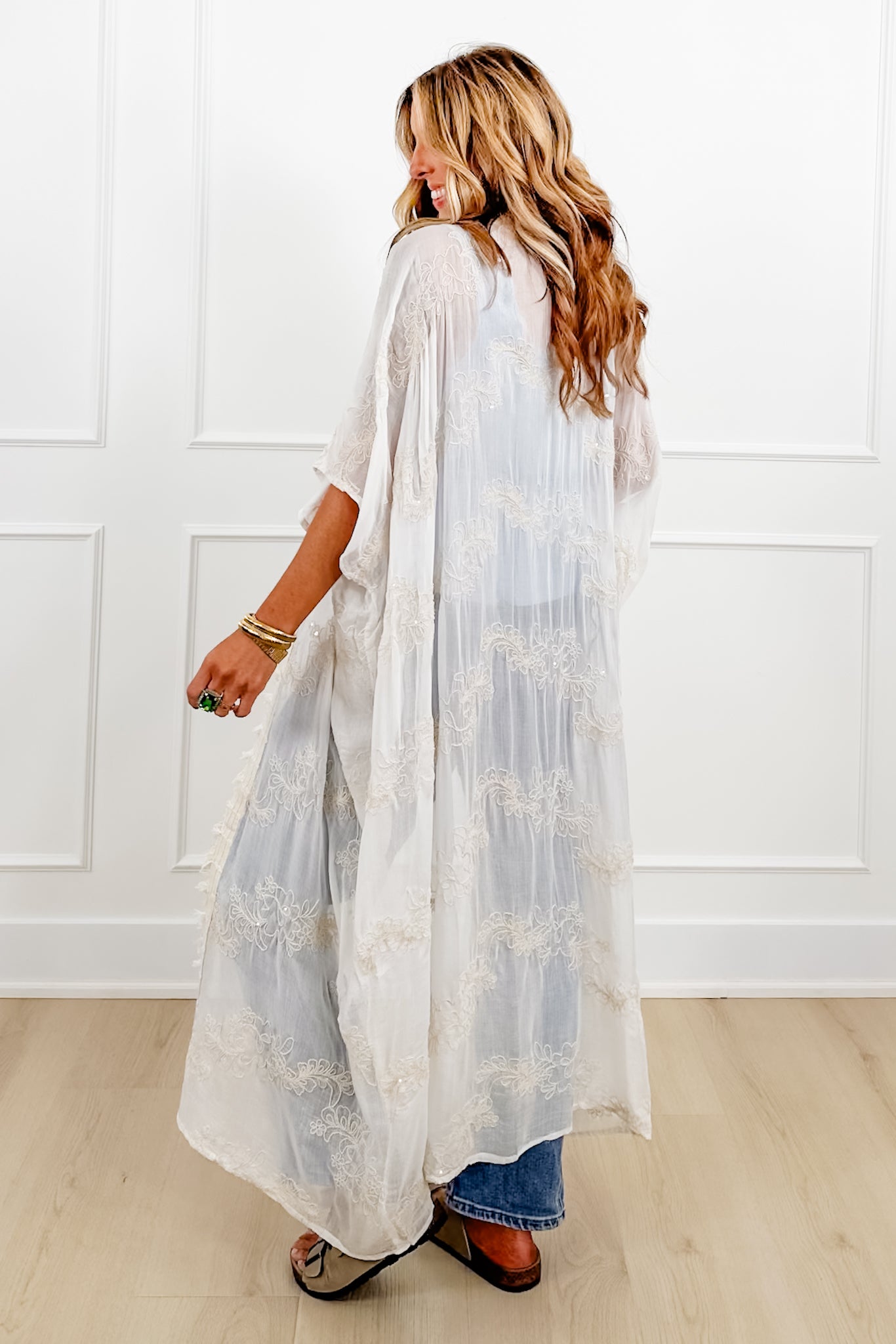 POL Embroidered Short Sleeve Long Kimono