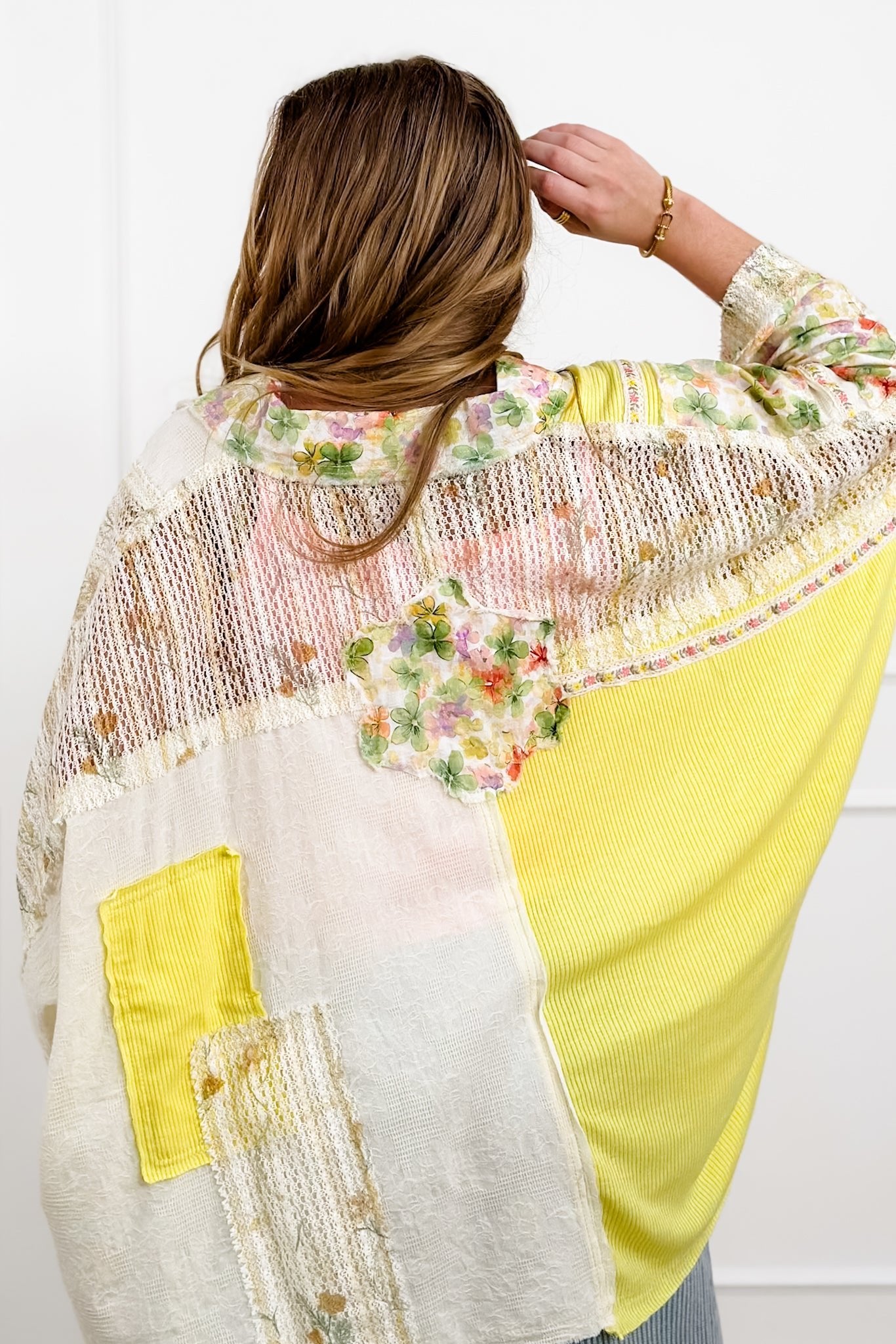 POL Textured 3/4 Sleeve Button Up Top with Flowers - Freckled Poppy