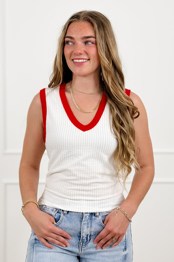 POL Ribbed Knit Sleeveless Top with Red Trim