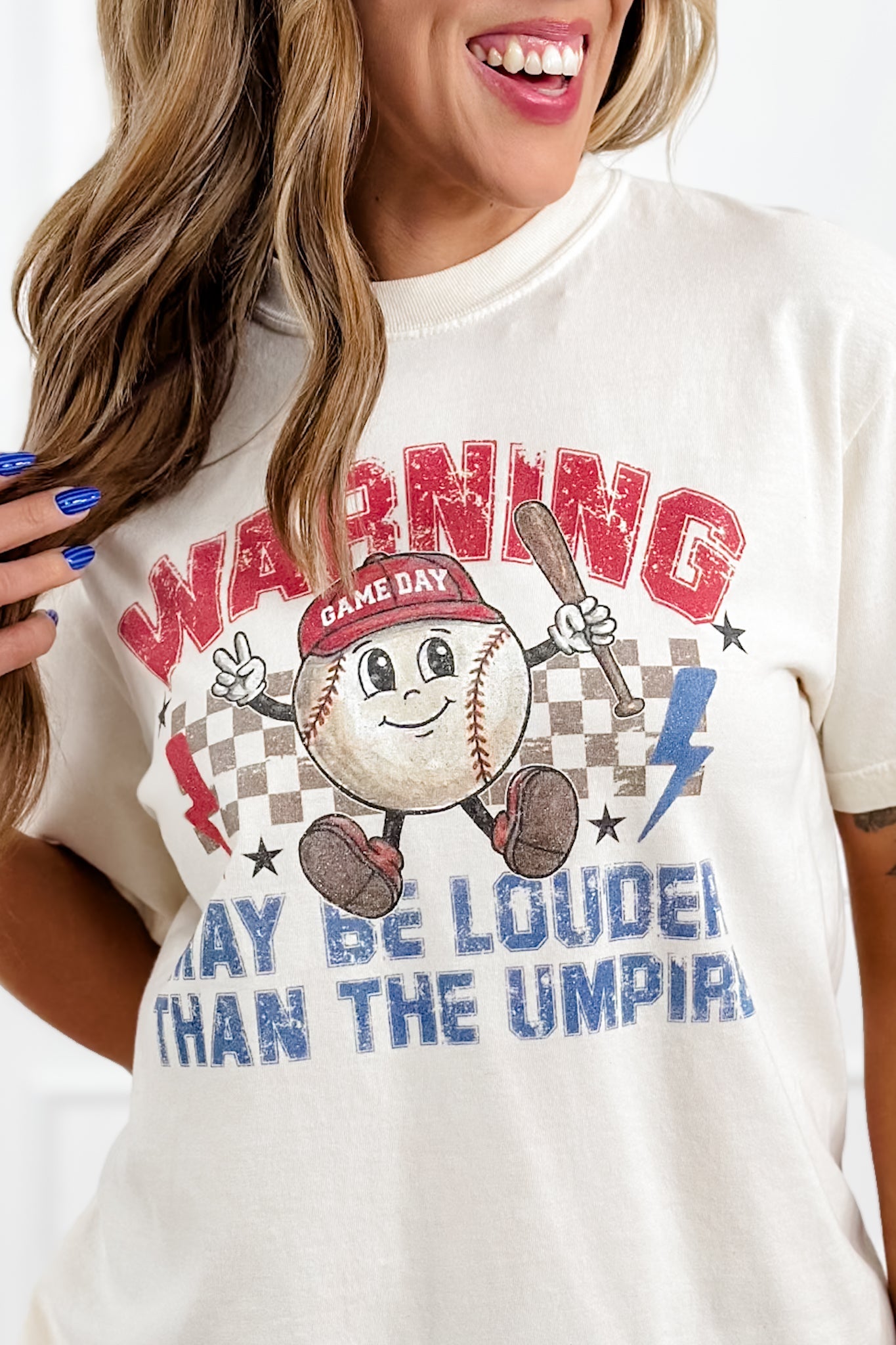 Plus/Reg Short Sleeve "Warning..." Baseball Graphic Tee - Freckled Poppy