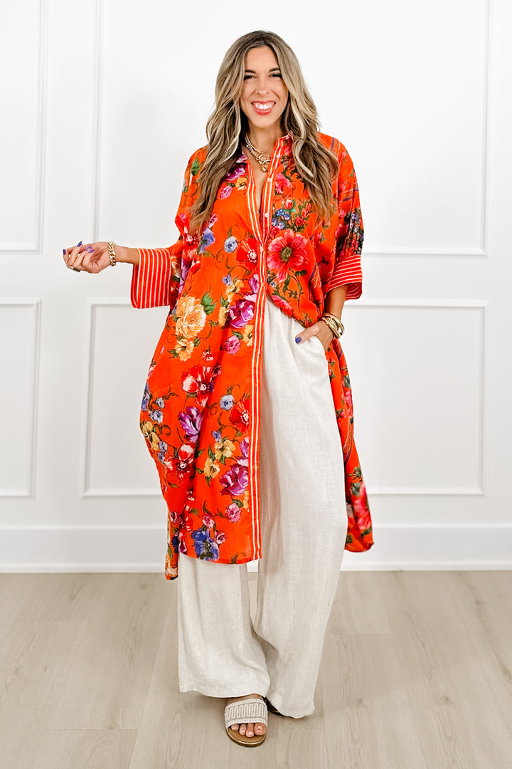 POL Floral Pattern 3/4 Sleeve Button Down Maxi Dress