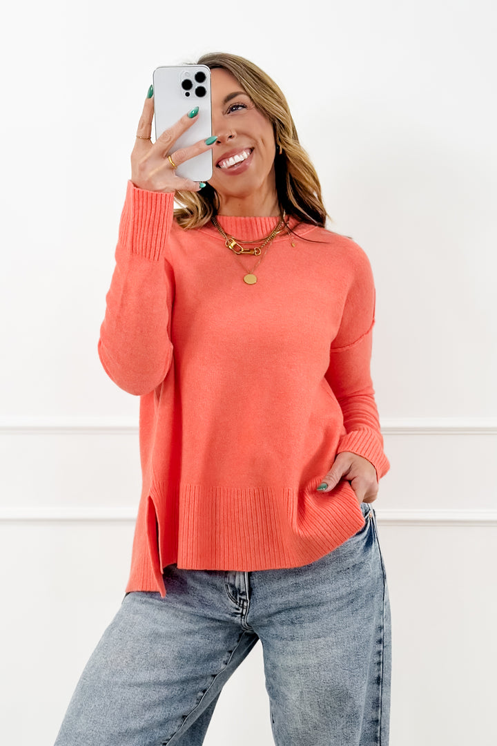 Orange Long Sleeve High Low Sweater with Side Slit