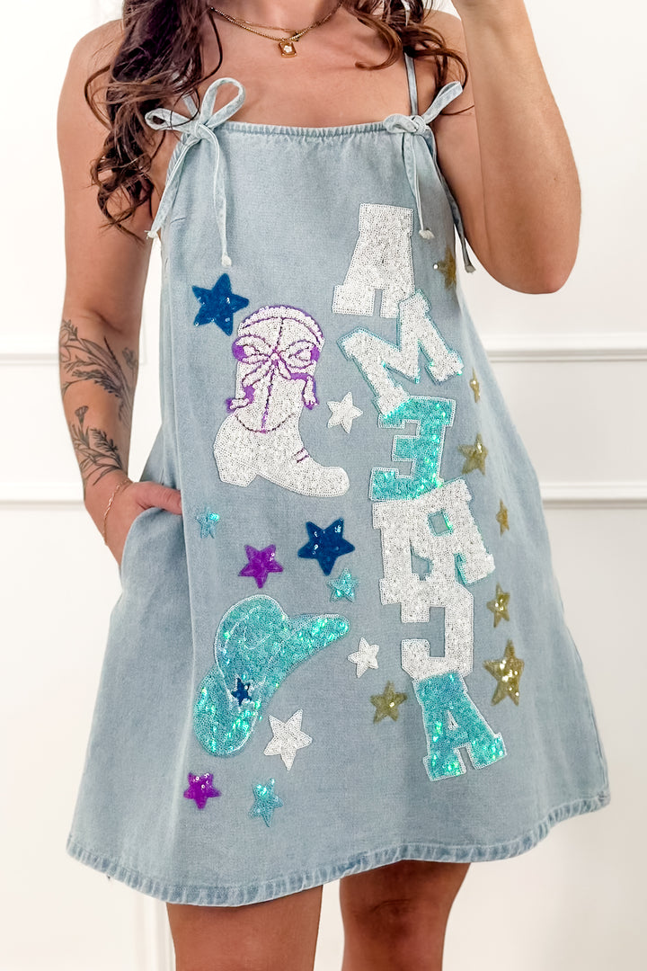 Light Wash Sleeveless "America" Sequin Dress
