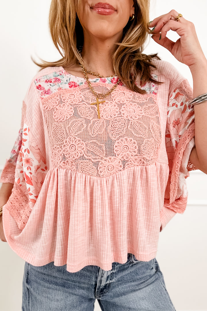 POL Pink Short Sleeve Round Neck Top with Floral Print