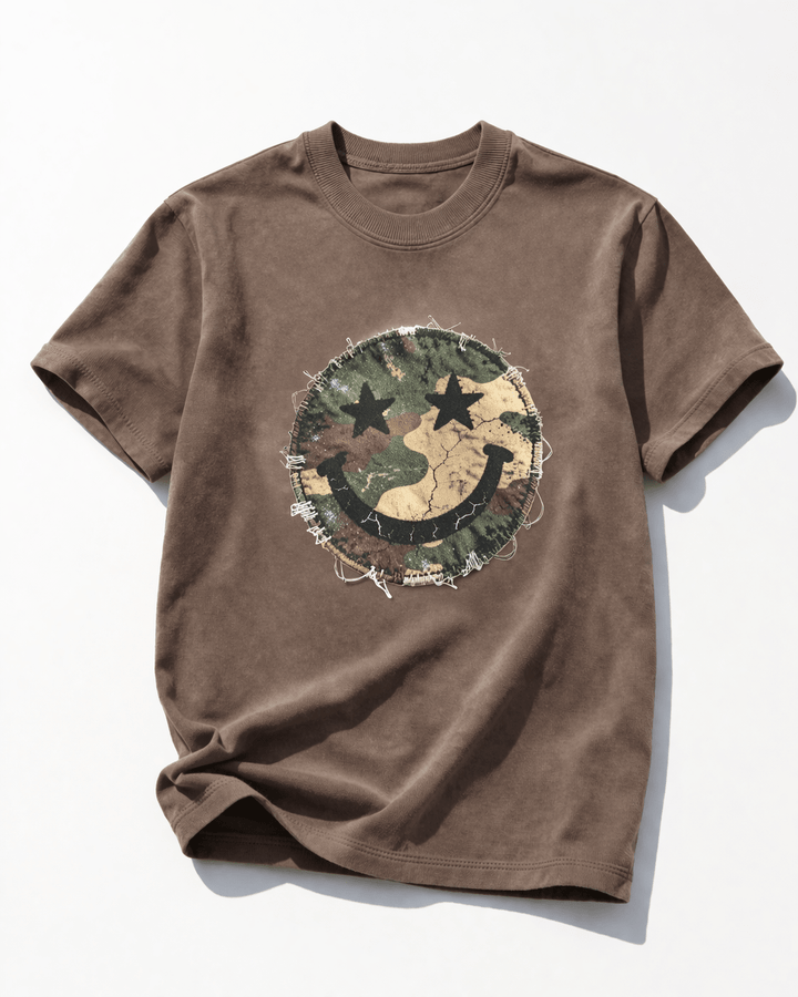 Plus/Reg Short Sleeve Camo Smiley Face Graphic Tee - Freckled Poppy