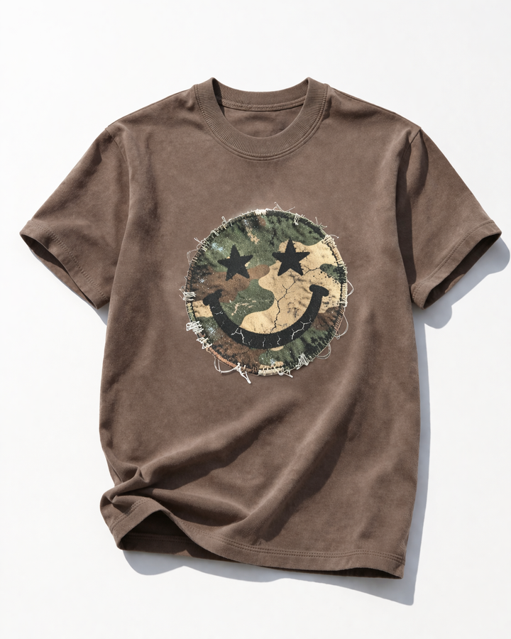 Plus/Reg Short Sleeve Camo Smiley Face Graphic Tee