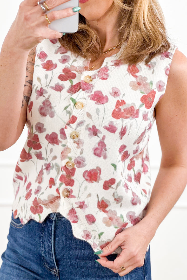 Floral Print Button Down Sweater Vest