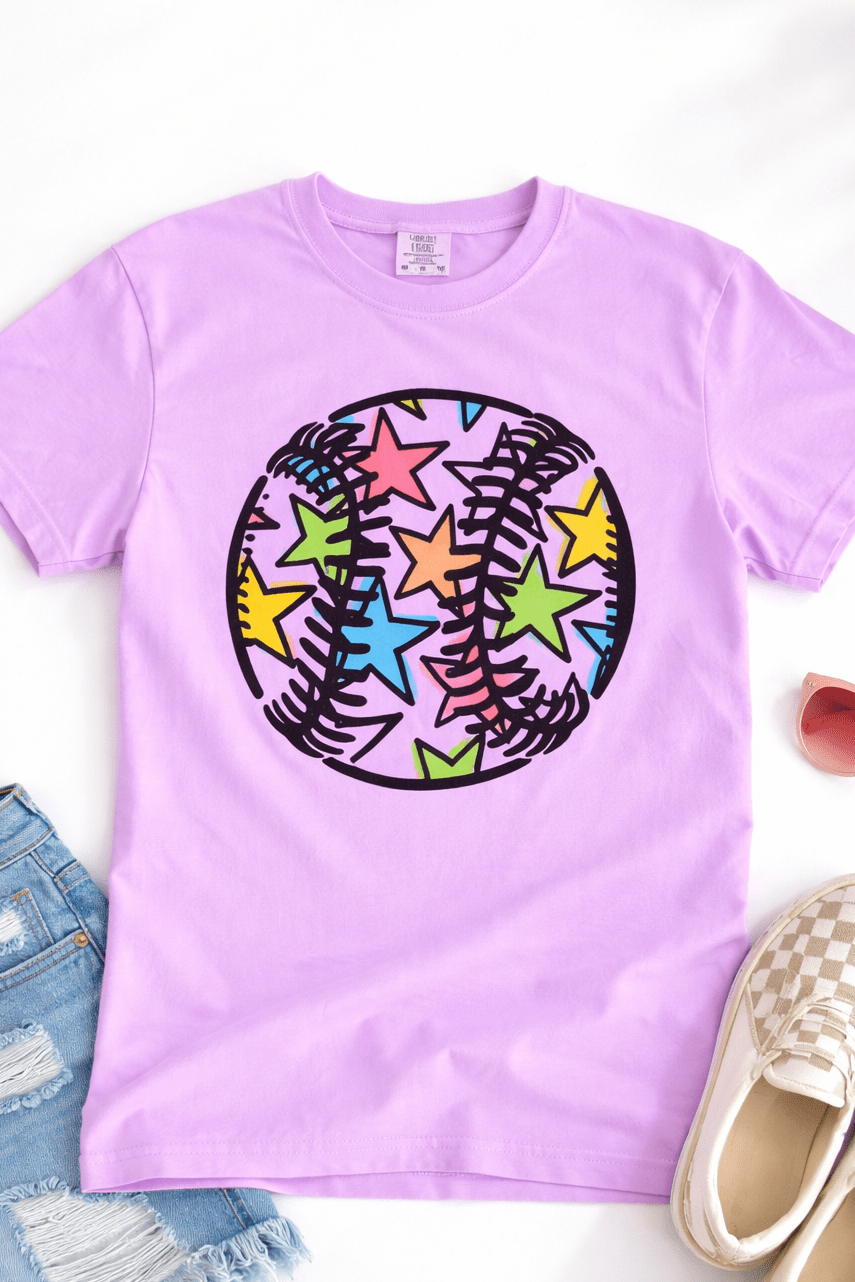 Plus/Reg Short Sleeve Rainbow Star Baseball Graphic Tee - Freckled Poppy