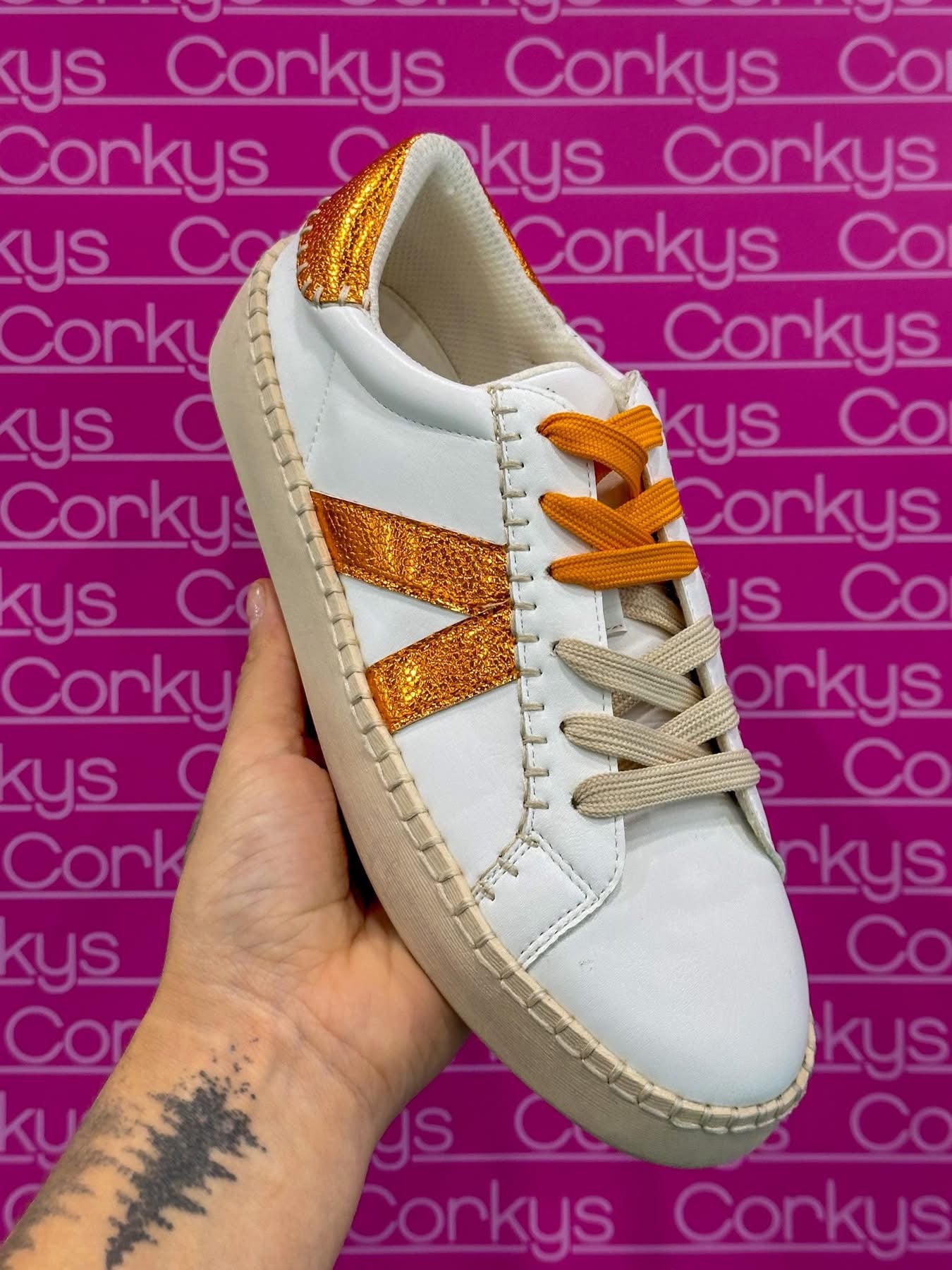 Corky's T-Swift tribute! Aka the 'Friend Zone’ Orange/White Metallic Side Stripes Lace Up Sneaker