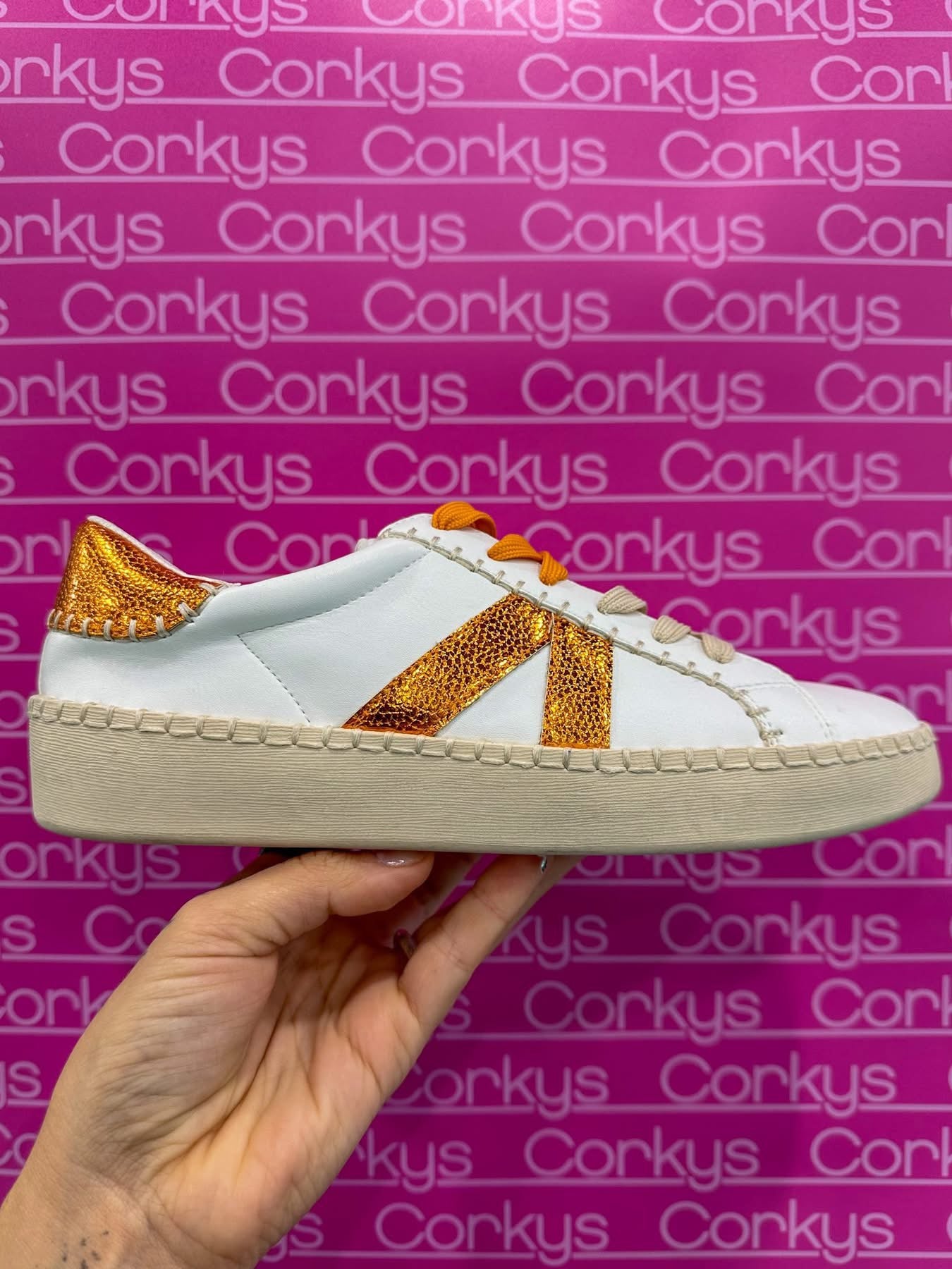 Corky's T-Swift tribute! Aka the 'Friend Zone’ Orange/White Metallic Side Stripes Lace Up Sneaker