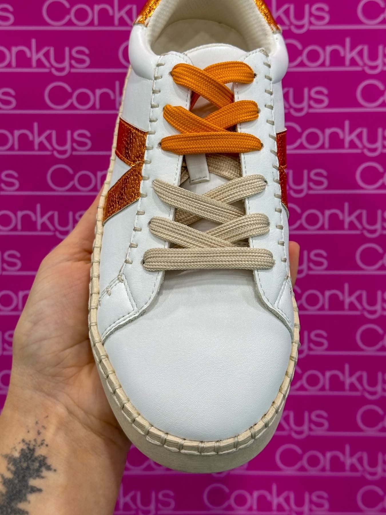 Corky's T-Swift tribute! Aka the 'Friend Zone’ Orange/White Metallic Side Stripes Lace Up Sneaker