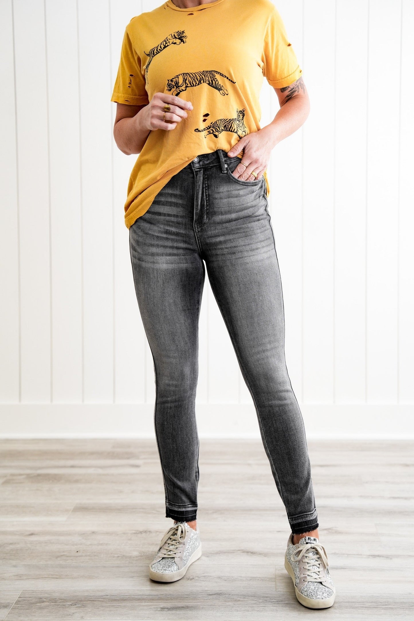 Judy Blue 50 Shades of Grey High Rise Grey Wash Tummy Control Skinny Jeans With Release Hem