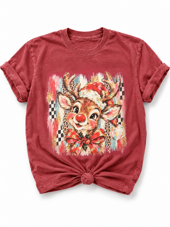 Plus/Reg Short Sleeve Vintage Red Nose Reindeer Christmas Graphic Tee