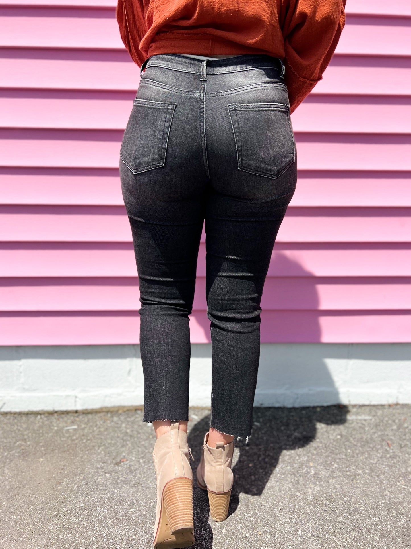 Risen Black Mid Rise Button Fly Relaxed Fit Skinny Jeans