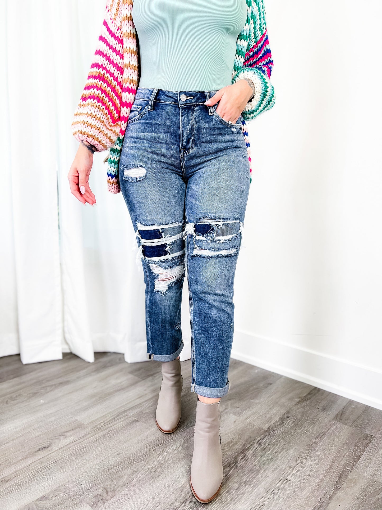 Risen Dark Wash High Rise Distressed Girlfriend Jeans