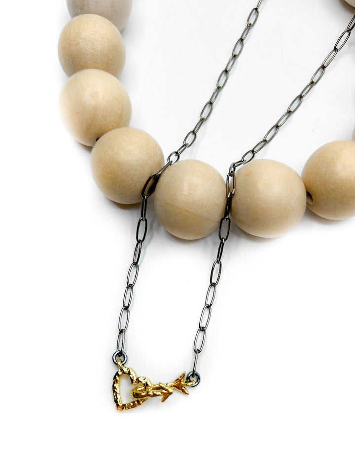 Love, Poppy Gold Arrowed Heart Clasp on Black Chain Necklace