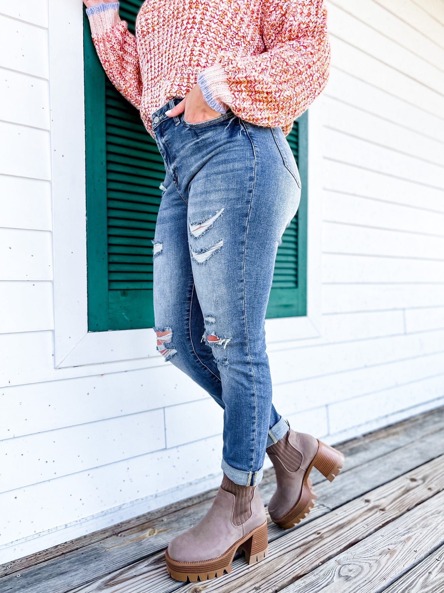 Judy Blue Boy Toy Light Wash High Rise Cuffed Boyfriend Distressed Jeans