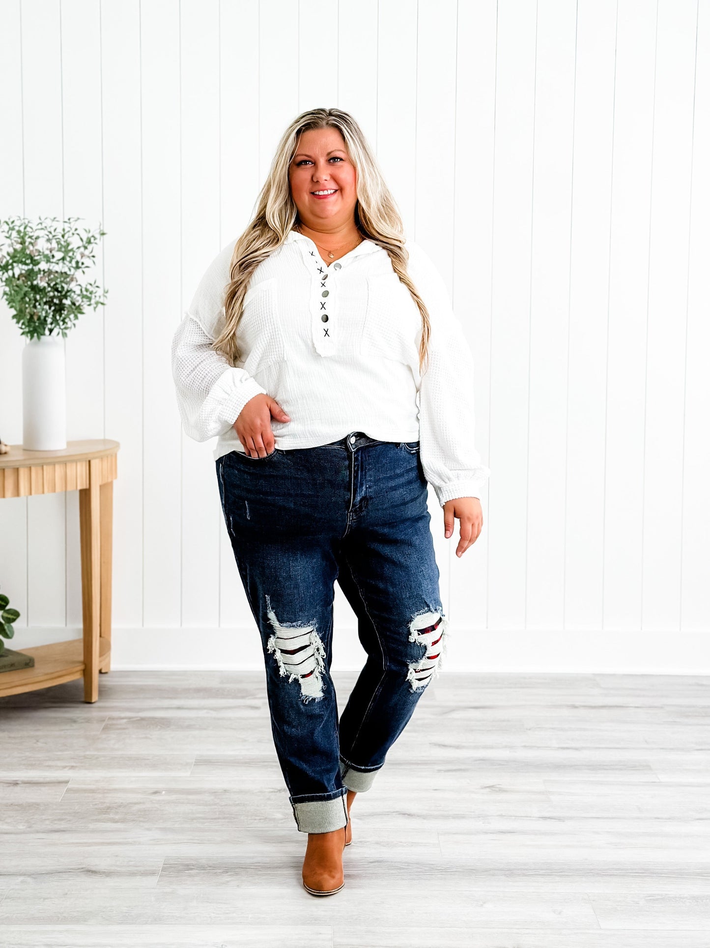Judy Blue Warm and Cozy Mid Rise Dark Wash Boyfriend Buffalo Plaid Knee Destroy Patches With Cuff Jeans