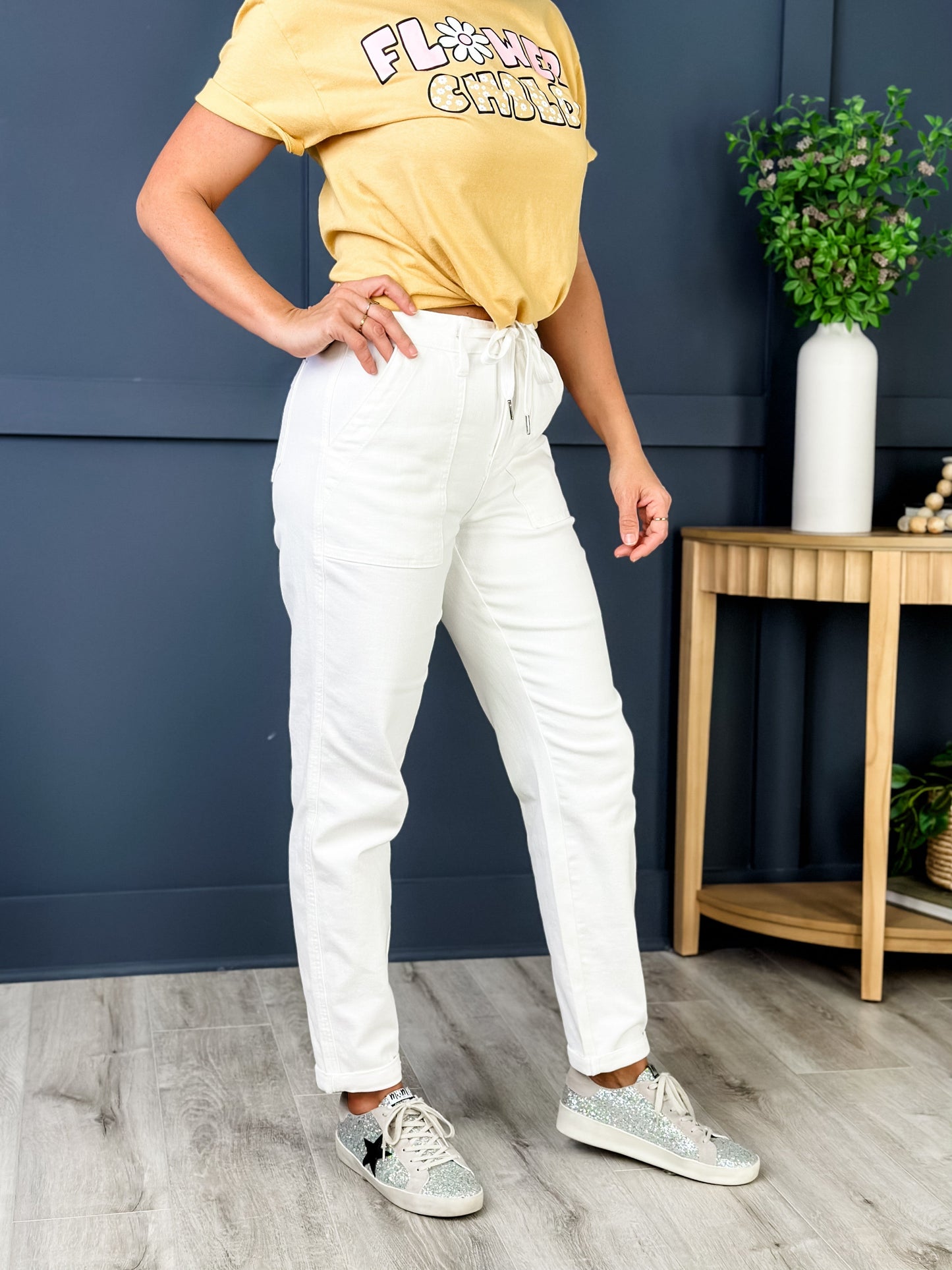 Judy Blue WHITE Airplane Mode High Rise White Cuffed Jogger