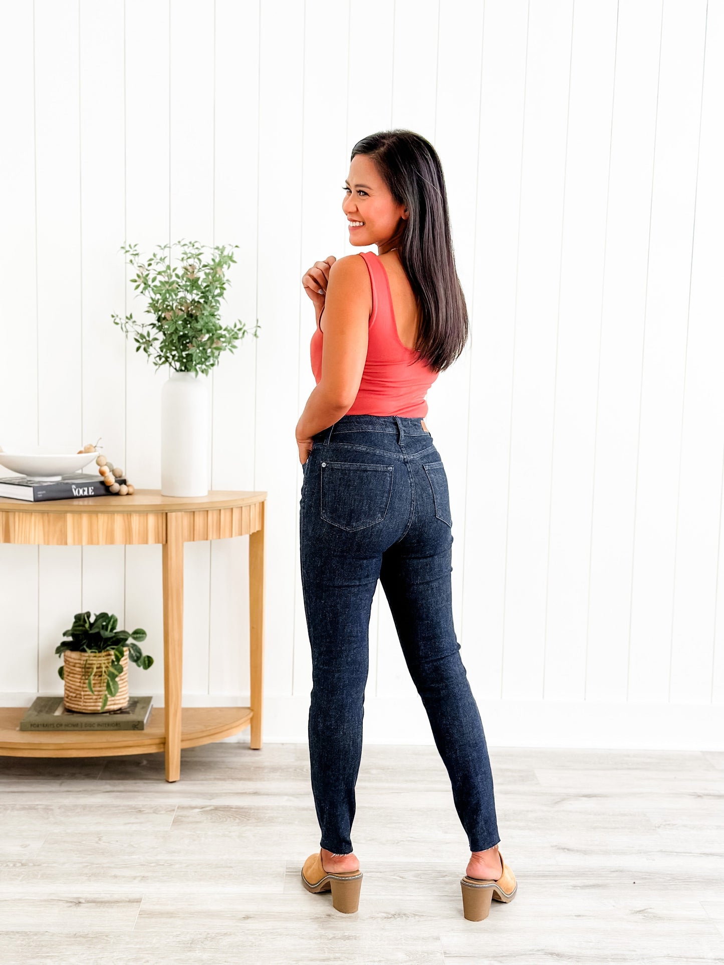 Judy Blue Starry Night High Rise Dark Wash Tummy Control Top Raw Hem Jeans