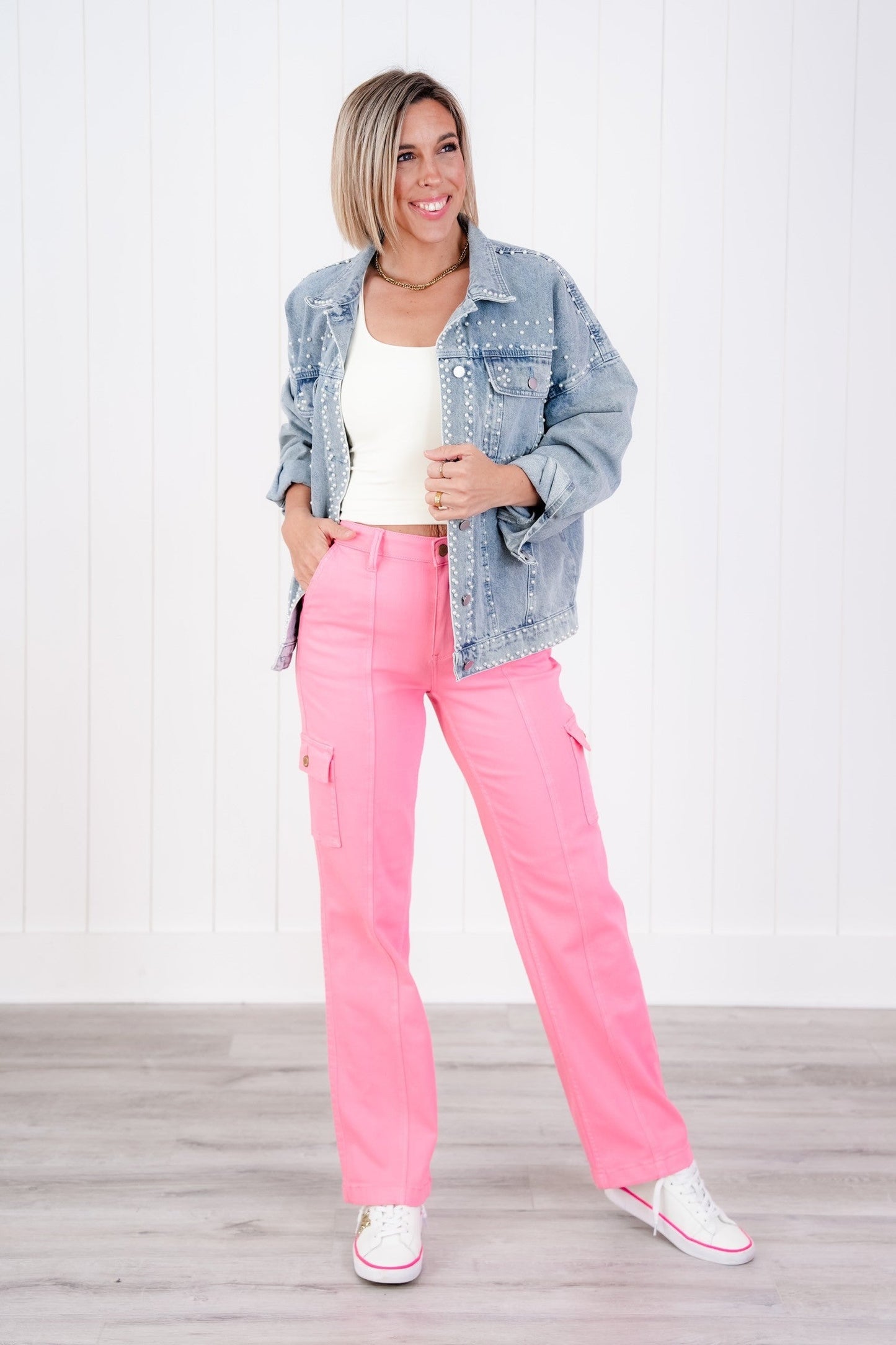 Judy Blue High Rise Pink Garment Dyed Cargo Straight Leg Jeans