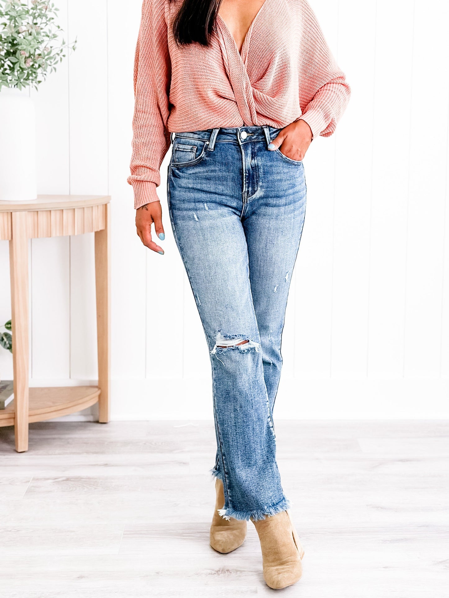 Risen Weekend Living High Rise Dark Wash Distressed Crop Kick Flare