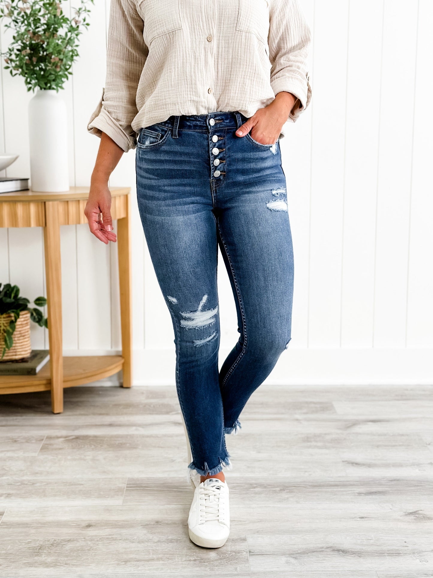 Vervet Parkside Medium Wash Distressed Button Down Skinny Jeans with Raw Ankle Hem