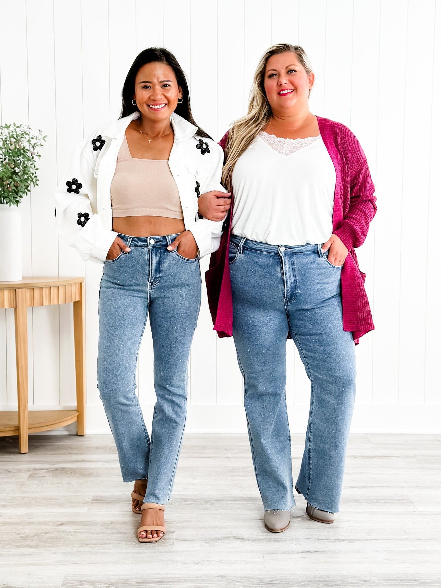 Risen Medium Wash High Rise Slim Straight Jeans With Rhinestones