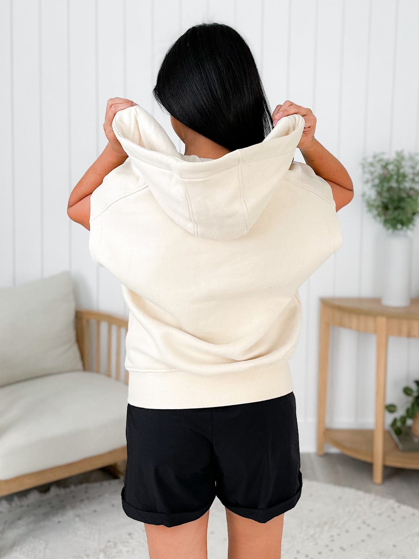 Plus/Reg Mono B 3/4 Zip Cap Sleeve Hooded Top