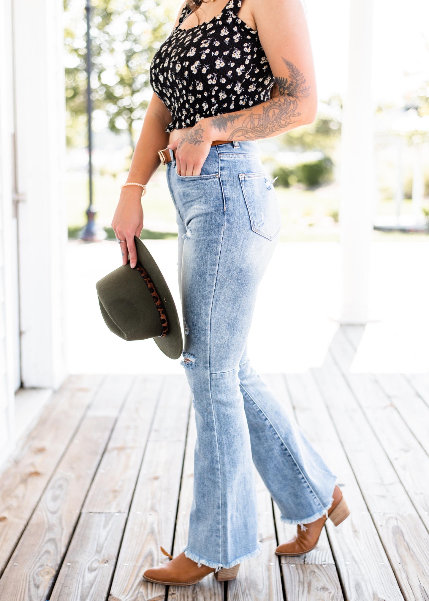 Risen With the Band High Rise Light Wash Distressed Flare Jeans