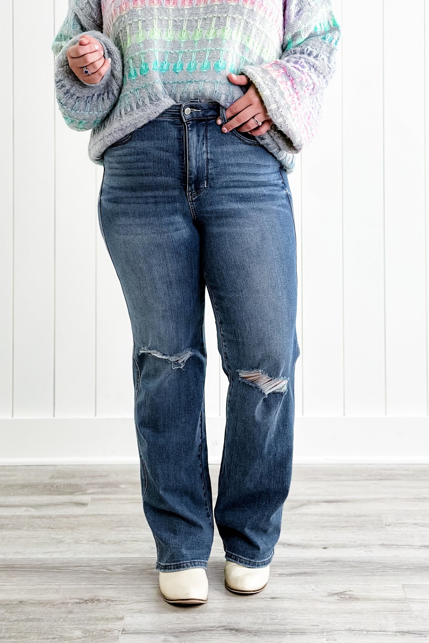 Judy Blue Teen Spirit High Rise Medium Wash Tummy Control Destroyed Knee Straight Leg Jeans