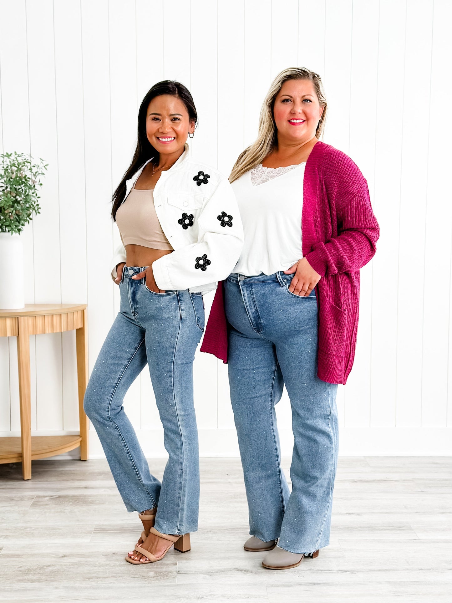 Risen Medium Wash High Rise Slim Straight Jeans With Rhinestones