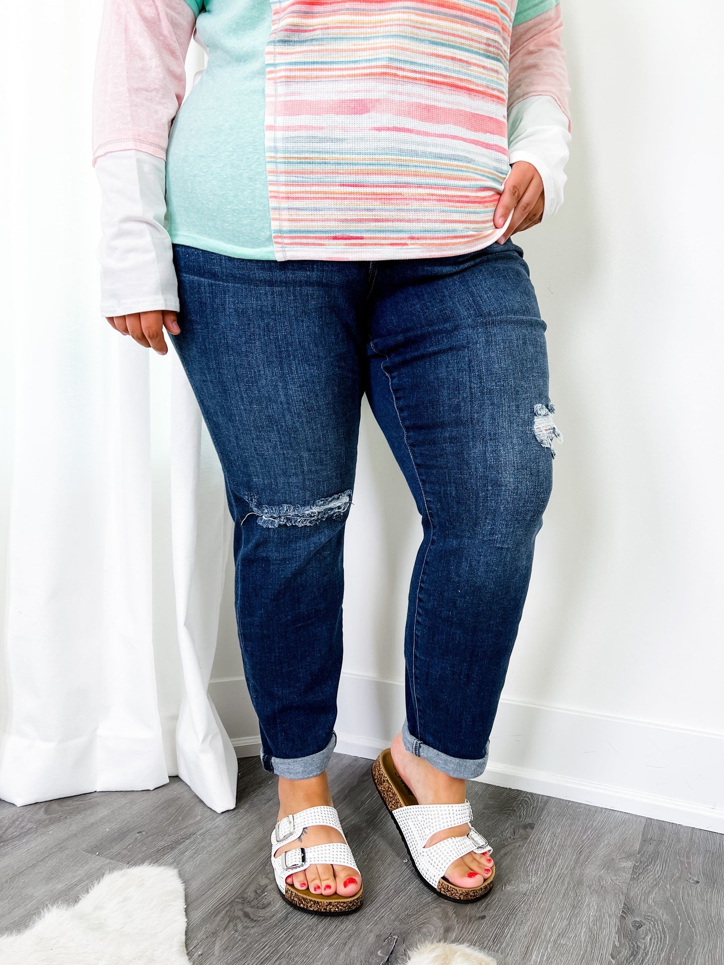 Judy Blue Casual Friday High Rise Cuffed Boyfriend Distressed Jeans