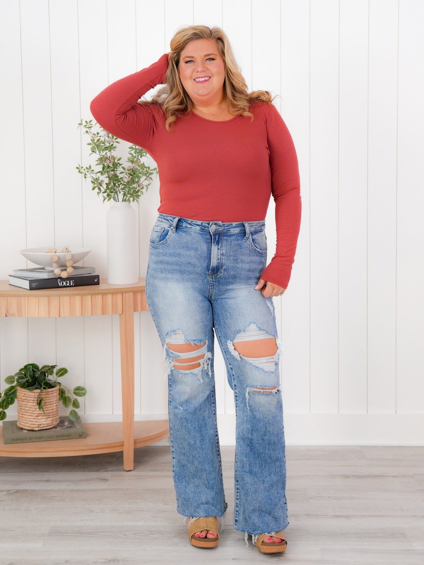 Plus/Reg Ribbed Knit Long Sleeve Bodysuit (Multiple Colors)