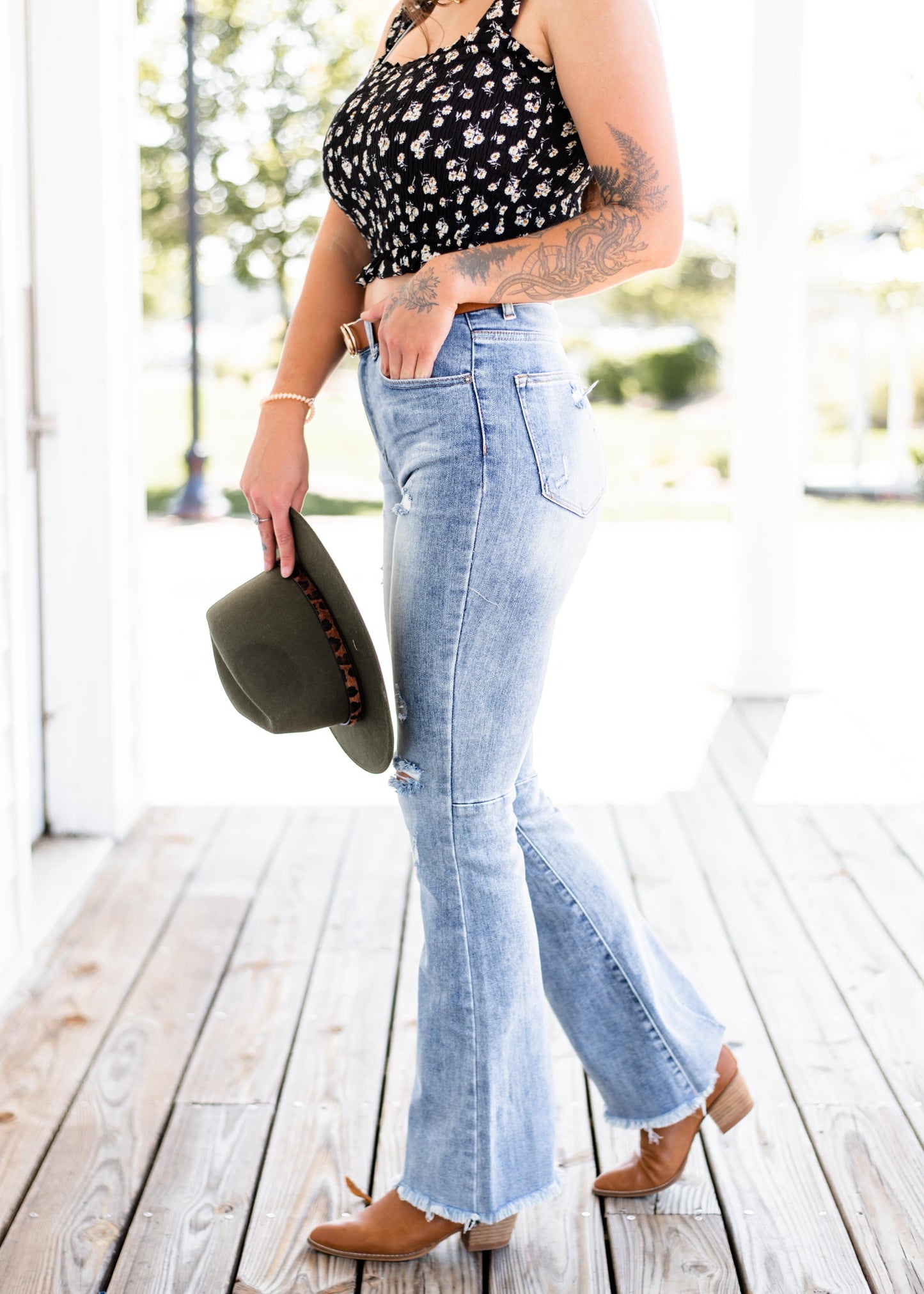 Risen With the Band High Rise Light Wash Distressed Flare Jeans