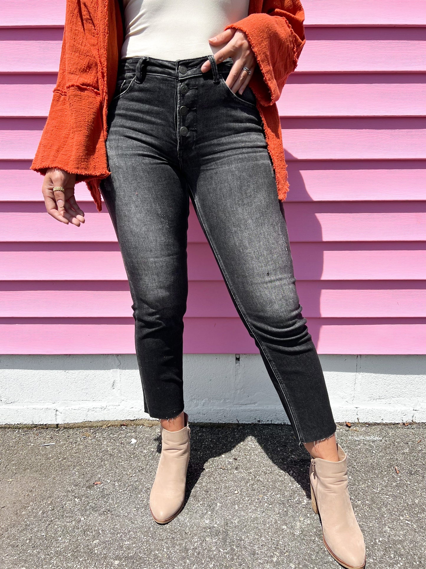 Risen Black Mid Rise Button Fly Relaxed Fit Skinny Jeans