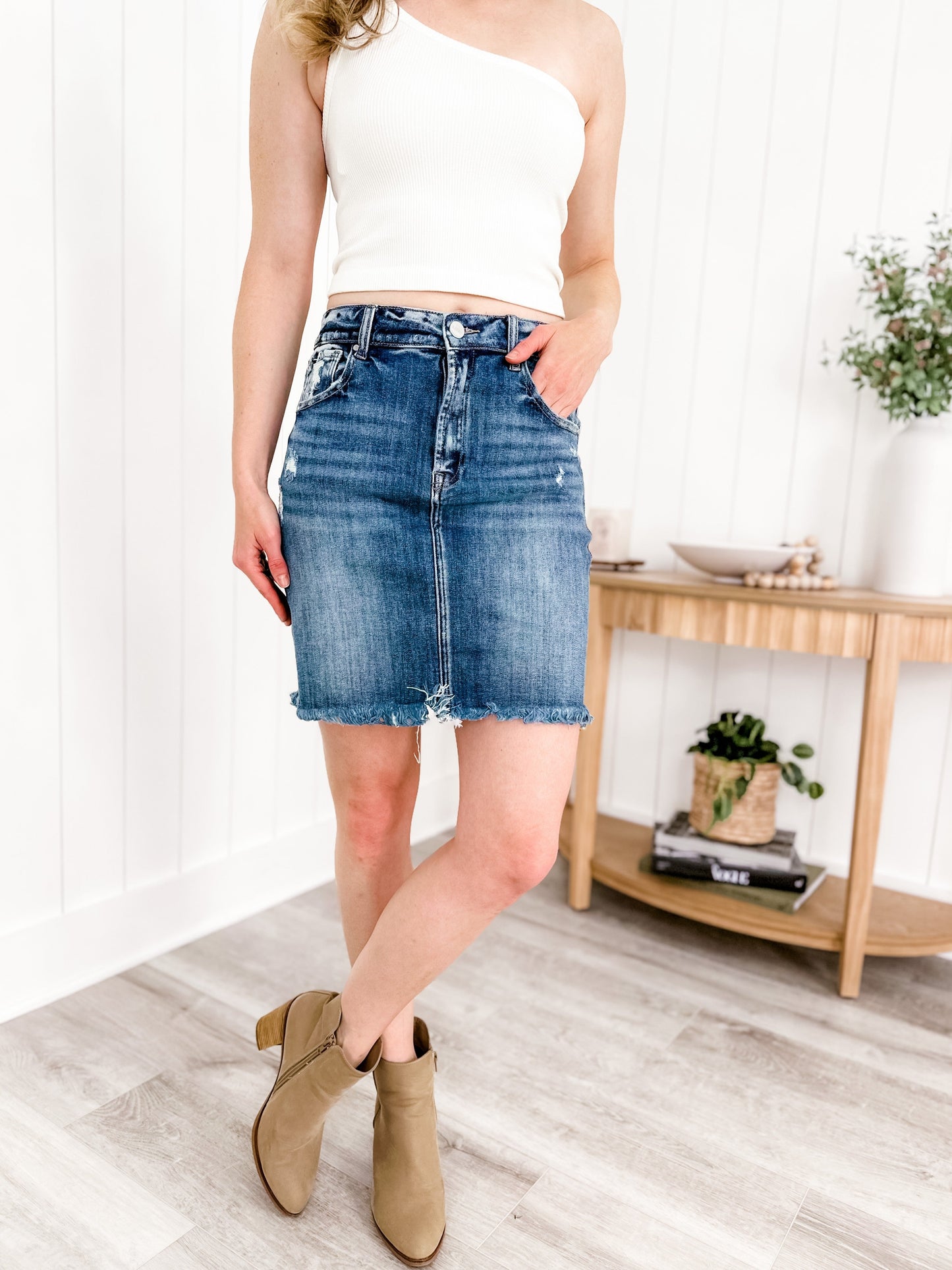 Plus/Reg Medium Wash High Rise Mini Skirt