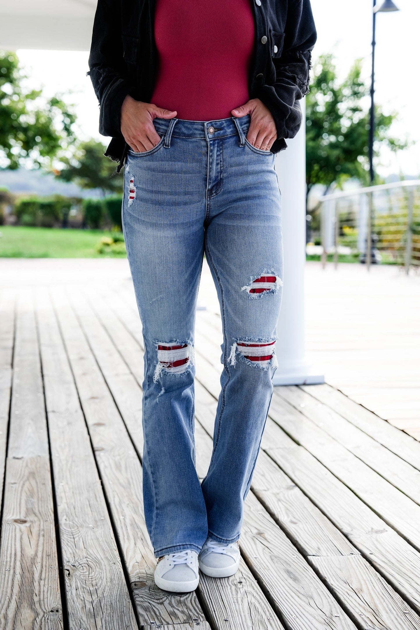 Judy Blue Plaid for You Mid Rise Medium Wash Bootcut Jeans With Patch Detail