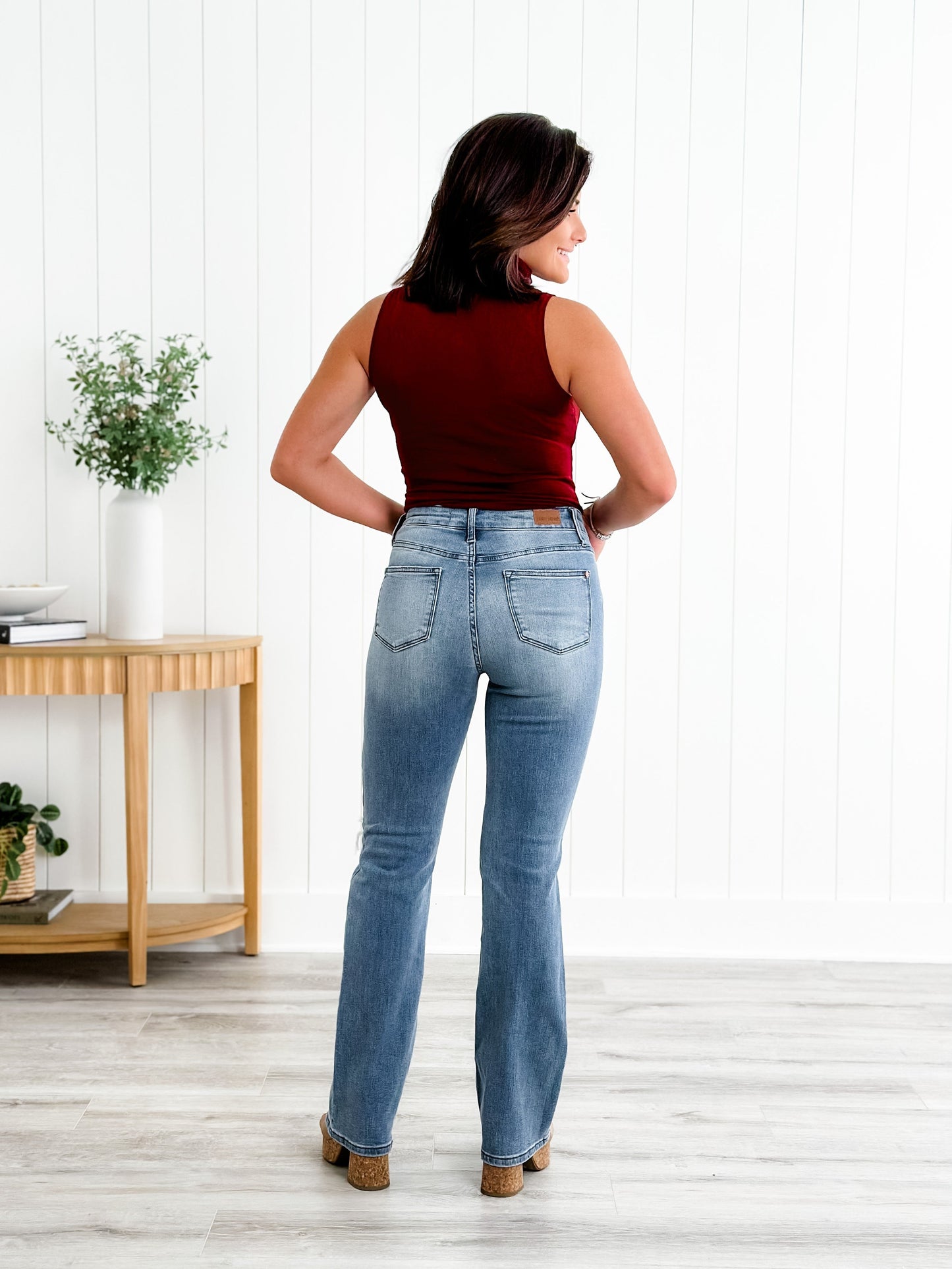 Judy Blue Plaid for You Mid Rise Medium Wash Bootcut Jeans With Patch Detail
