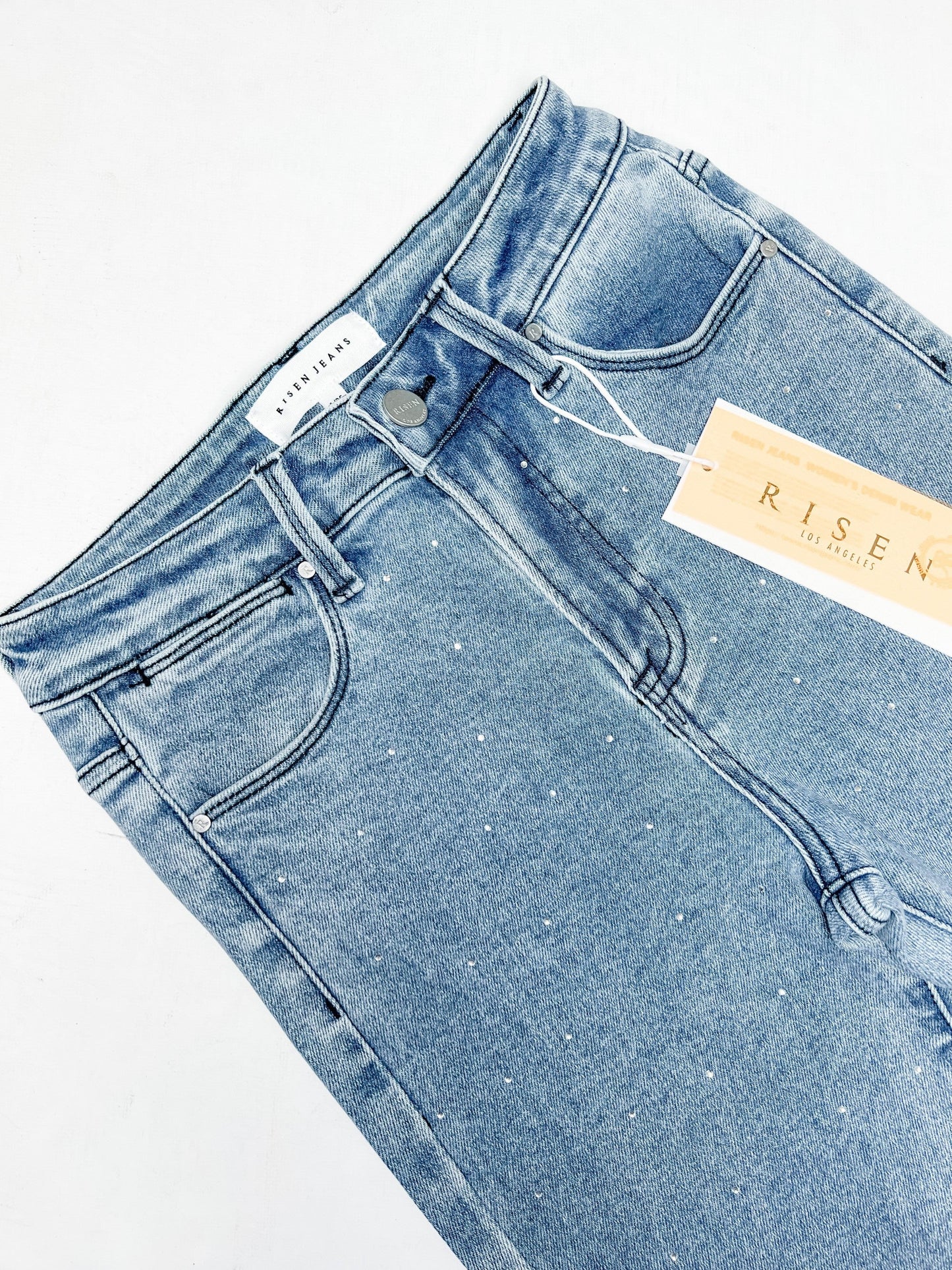 Risen Medium Wash High Rise Slim Straight Jeans With Rhinestones