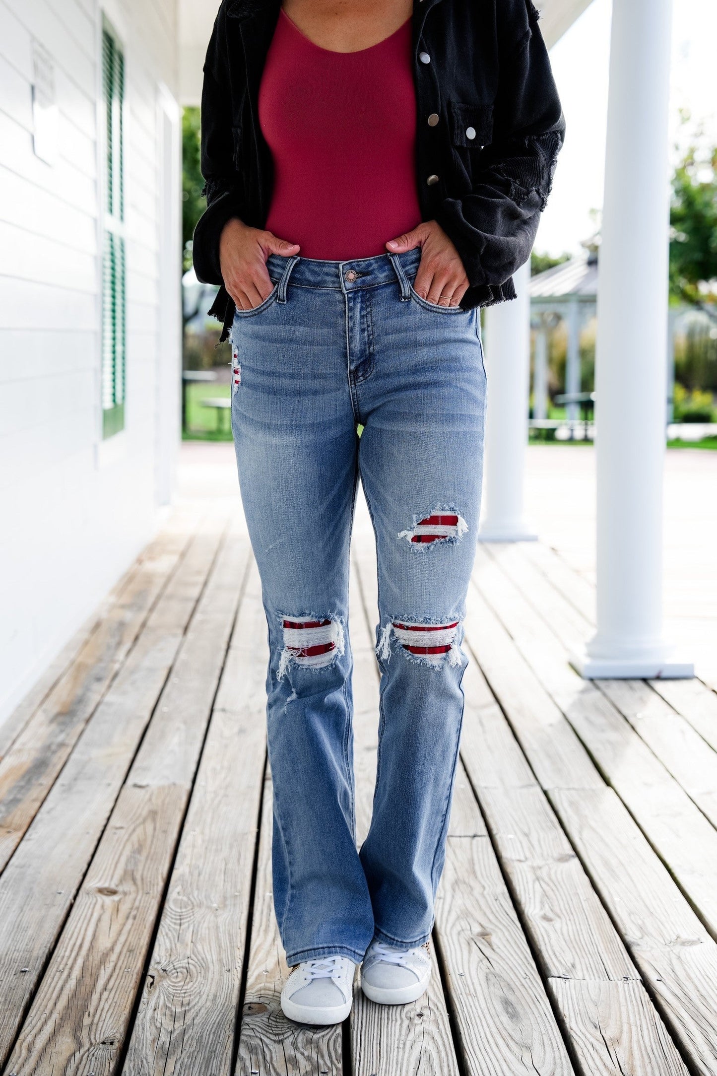 Judy Blue Plaid for You Mid Rise Medium Wash Bootcut Jeans With Patch Detail