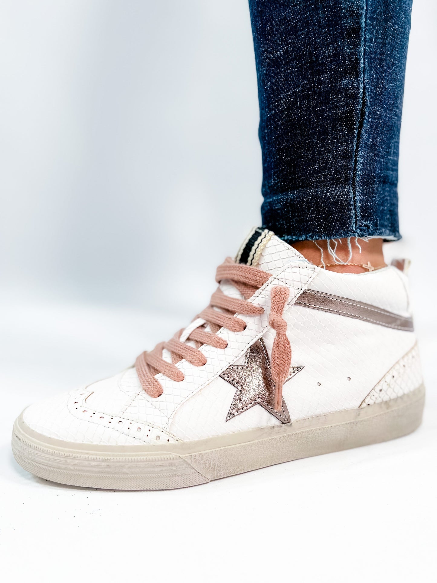 Shu Shop White Snake Texture Bronze Star Hi-Top Sneakers