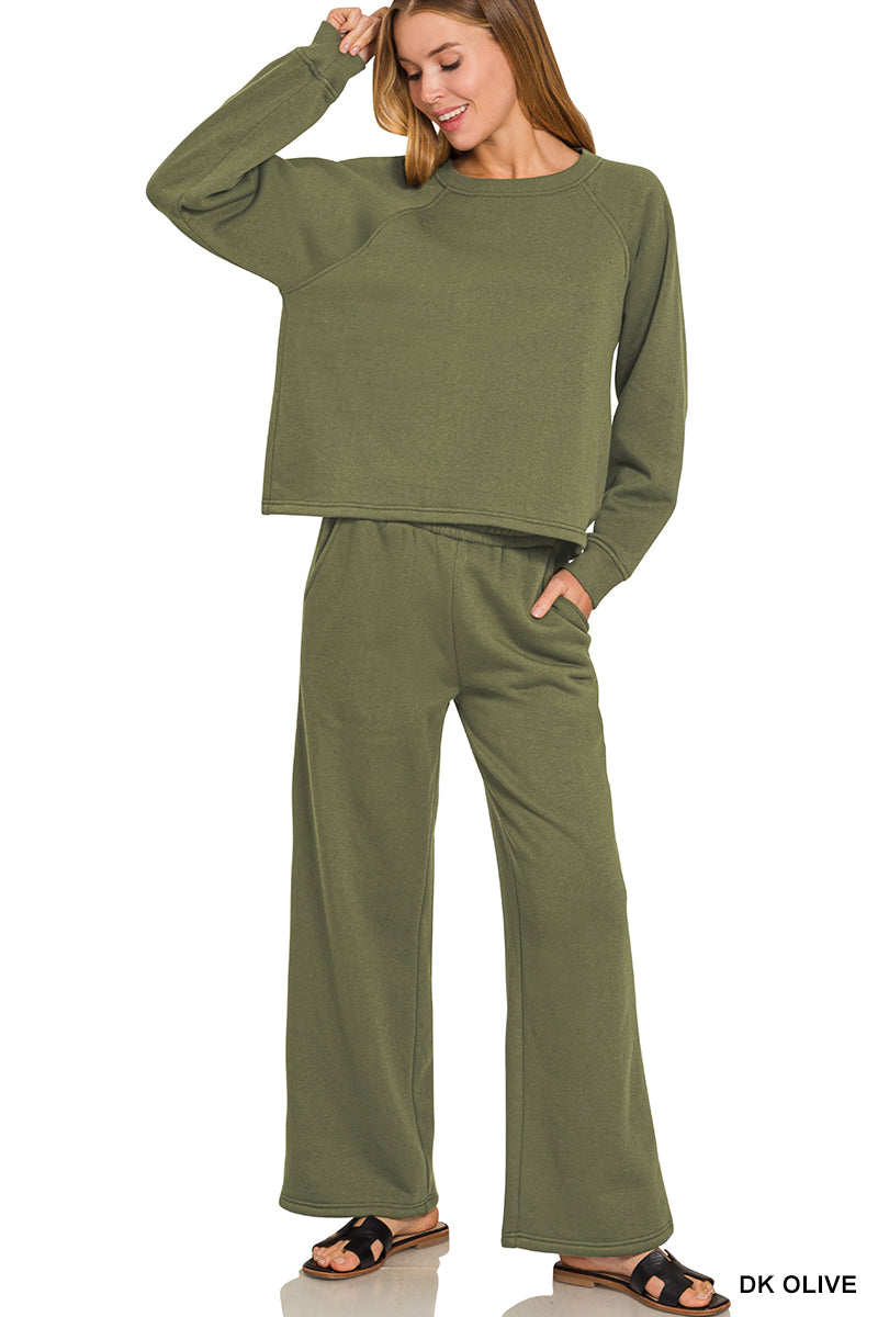 Restock! Door Buster! Zenana Fleece Raglan Sleeve Pullover and Sweatpants Set