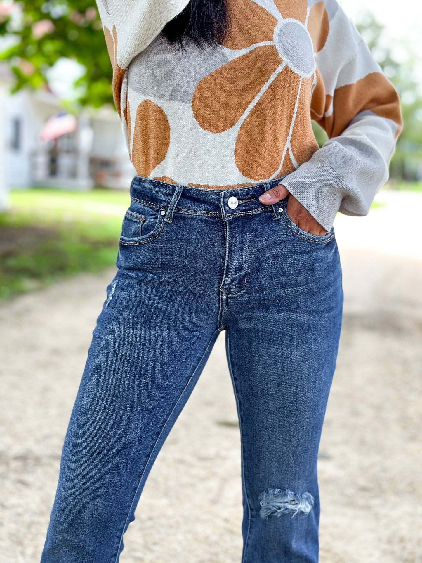 Risen Low Rise Dark Wash Distressed Flare Jeans