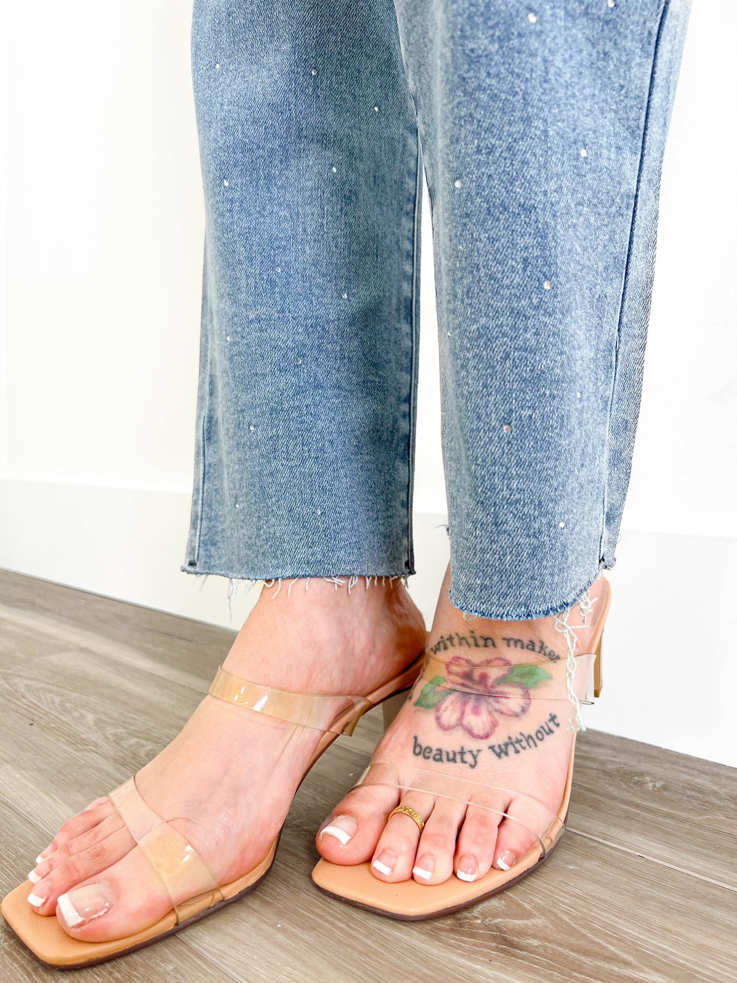 Risen Medium Wash High Rise Slim Straight Jeans With Rhinestones
