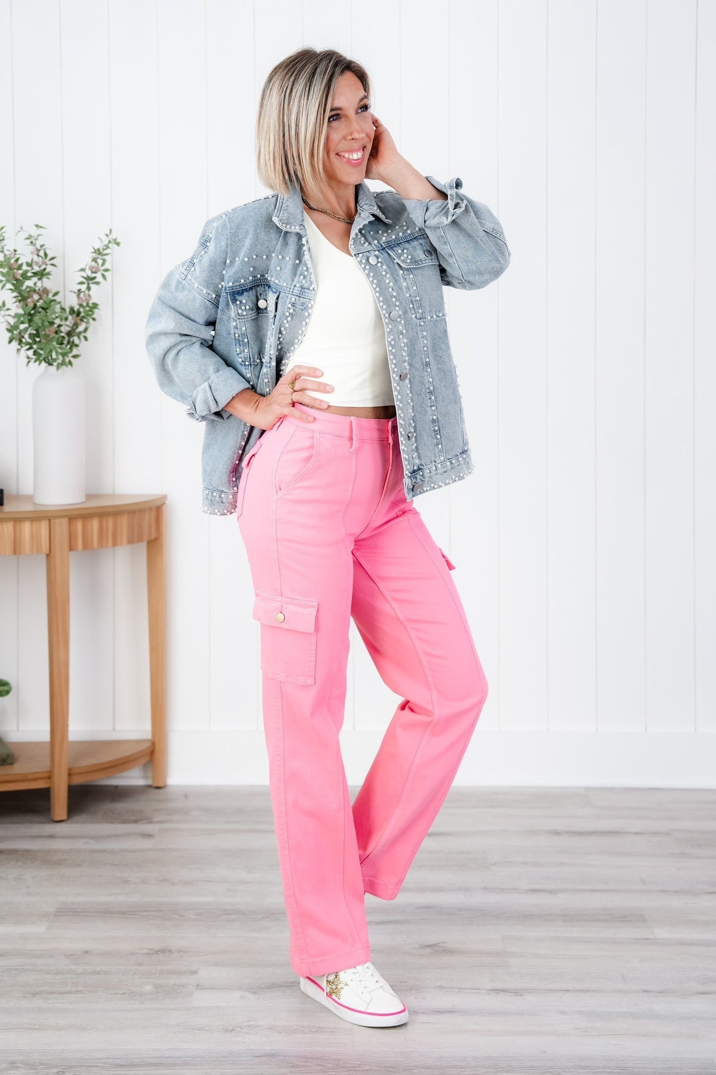 Judy Blue High Rise Pink Garment Dyed Cargo Straight Leg Jeans
